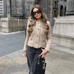 Charlotte short tweed blazer jacket for women by Christine Brewer, featuring buttons and tailored fit in a stylish tweed fabric.