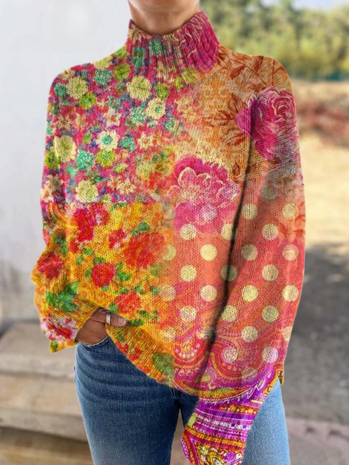 Christine Brewer Elise floral polka dot sweater for women, featuring a cozy knit with colorful floral and polka dot patterns.