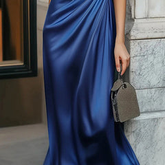 Christine Brewer loose short sleeve evening dress with asymmetric design, solid color, split-joint V-neck, elegant and stylish.