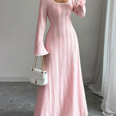 White Christine Brewer A-Line Bodycon ribbed knit maxi dress with split joint and square neckline, elegant and form-fitting.