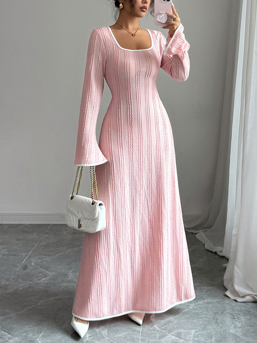White Christine Brewer A-Line Bodycon ribbed knit maxi dress with split joint and square neckline, elegant and form-fitting.