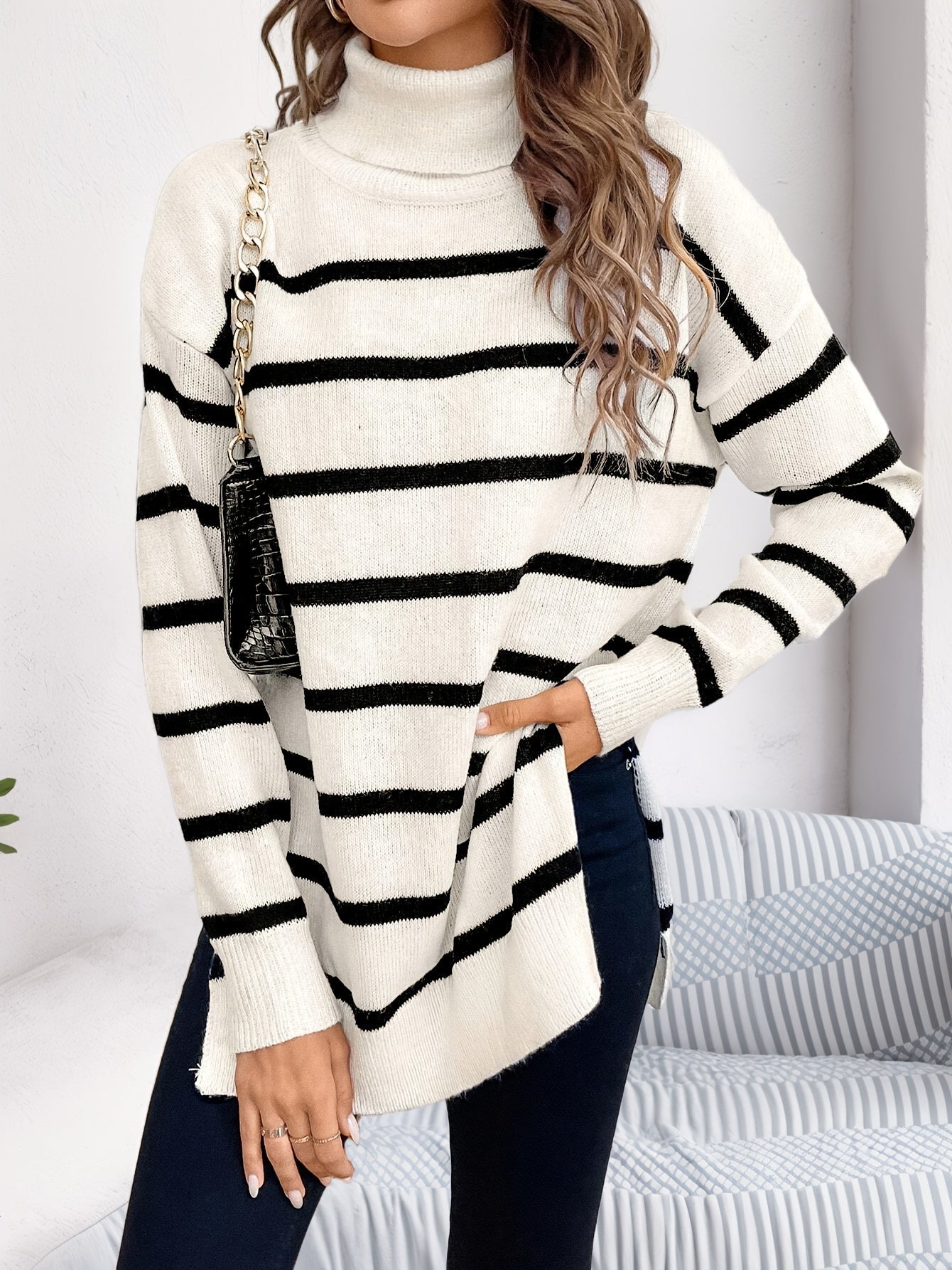 Christine Brewer Megan striped sweater for women, featuring a stylish multicolor striped pattern and cozy knit fabric.