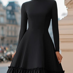 Black high-neck A-line tiered ruffle midi dress by Christine Brewer, featuring elegant ruffle details and a sophisticated silhouette.