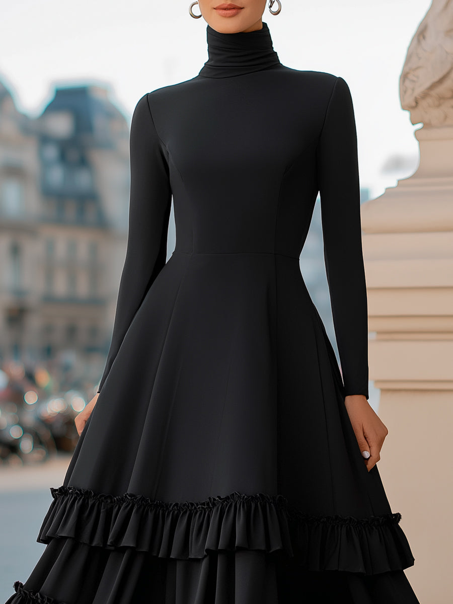 Black high-neck A-line tiered ruffle midi dress by Christine Brewer, featuring elegant ruffle details and a sophisticated silhouette.