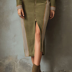 Olive green zip-up contrast panel sleeveless midi dress by Christine Brewer, featuring a fitted silhouette and stylish design.