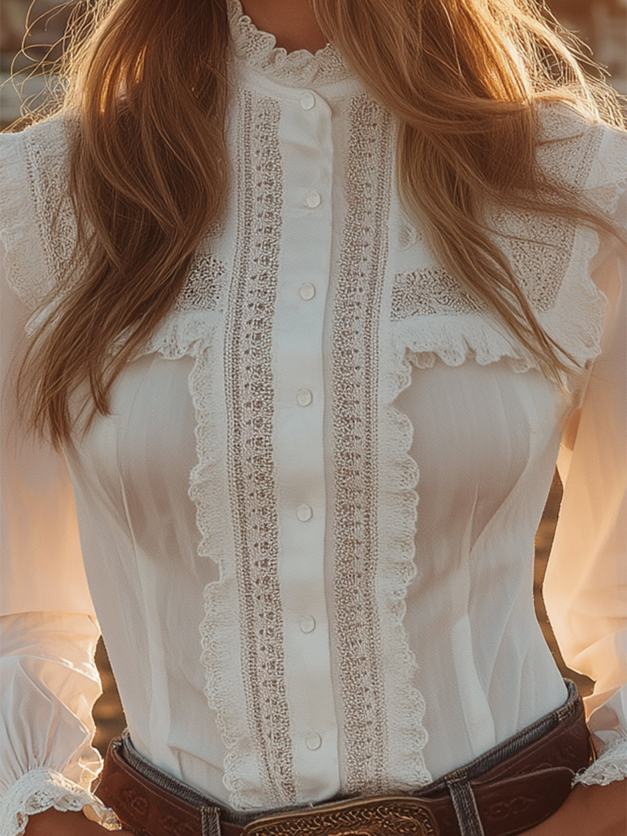 White lace Western button-down shirt for women by Christine Brewer, featuring intricate lace details and classic Western style.