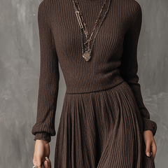 Christine Brewer retro high-neck long-sleeve ribbed knit midi dress, bodycon style, showcasing a fitted design and classic ribbed texture.