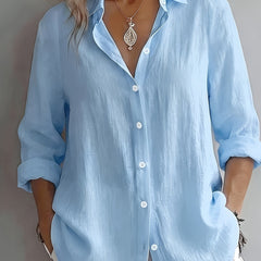 Christine Brewer Mia women's button-up shirt, stylish long-sleeve top in soft fabric, shown in a natural pose.