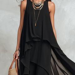 Black layered chiffon maxi dress by Christine Brewer featuring bohemian style and flowing fabric for elegant, relaxed wear.