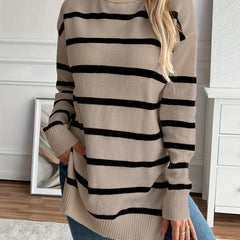 Christine Brewer Megan striped women's sweater featuring bold horizontal stripes and a cozy knit fabric.