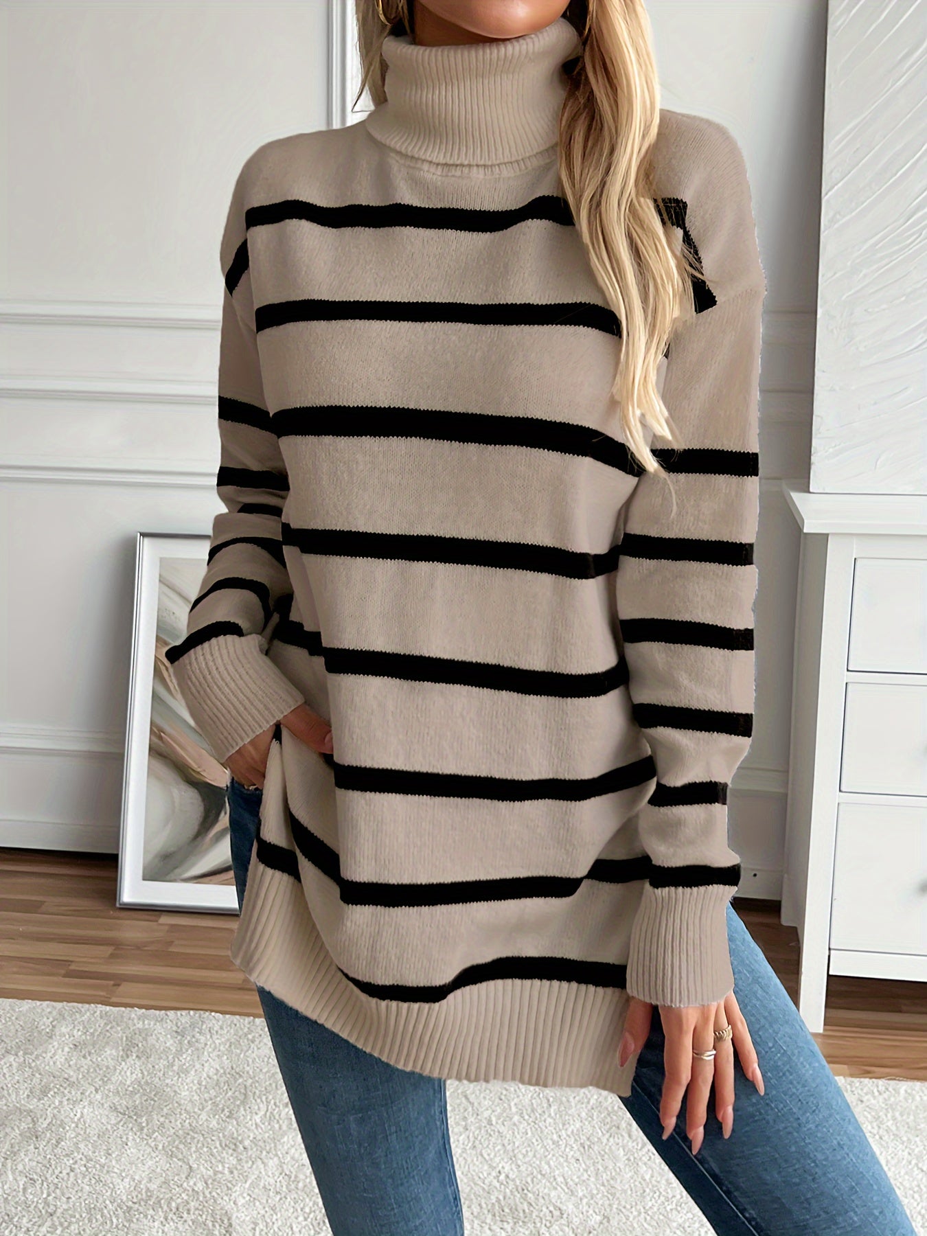 Christine Brewer Megan striped women's sweater featuring bold horizontal stripes and a cozy knit fabric.