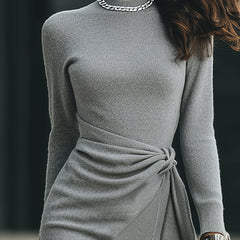 Grey knit side-tie bodycon midi dress by Christine Brewer, featuring a fitted silhouette and side tie detail for summer business wear.