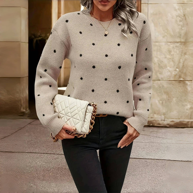 Christine Brewer Shelby polka dot sweater for women, featuring a cozy knit with classic black and white polka dot pattern.