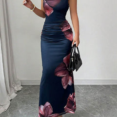 White Christine Brewer bodycon sleeveless maxi dress with contrast color flower print and round neckline, perfect for elegant occasions.