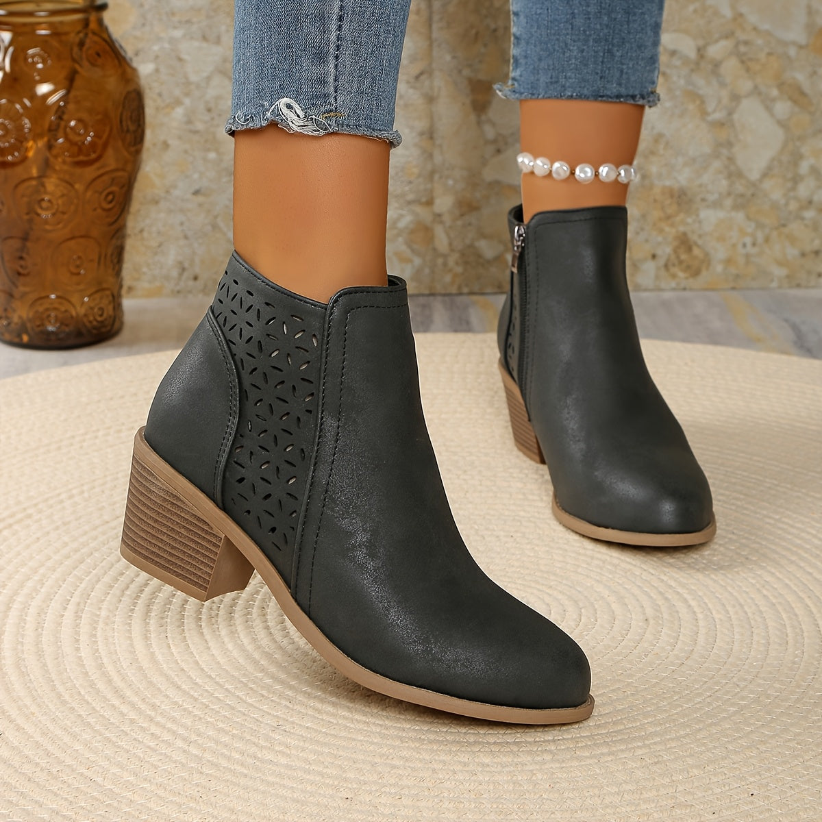 Talen | Ankle Boots Booties Women Winter Fall Laser Cut Cutout Breathable Wide Heel Heeled