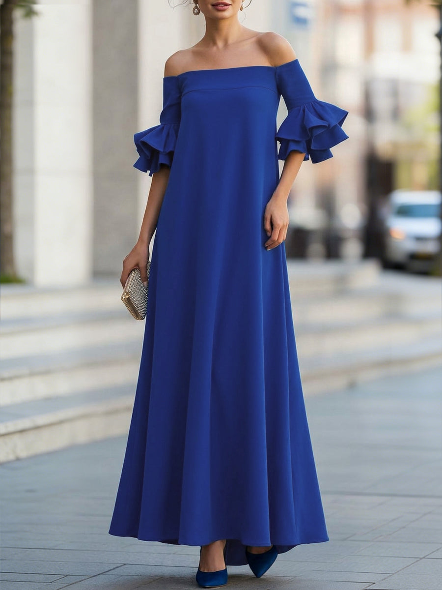 White off-the-shoulder maxi dress with half sleeves, loose fit, solid color, from Christine Brewer, perfect for casual or summer wear.