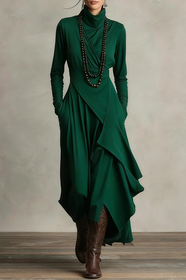 Christine Brewer solid color high-neck long-sleeved irregular casual maxi dress displayed on a hanger.