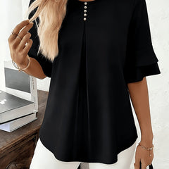 Sophia button-front women's top by Christine Brewer featuring a casual fit and soft fabric, shown in a relaxed pose.