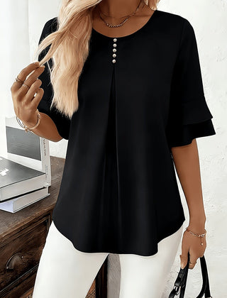 Sophia button-front women's top by Christine Brewer featuring a casual fit and soft fabric, shown in a relaxed pose.