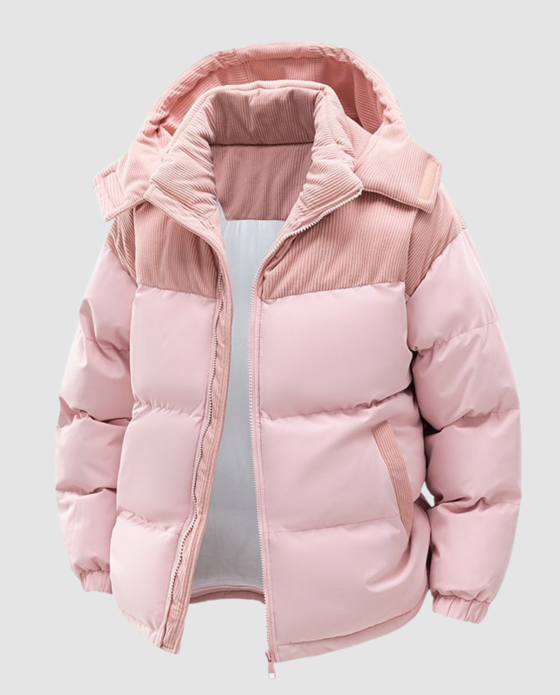 Light pink Cora Cosy Puffer Jacket for Women by Christine Brewer, shown on a hanger with a close-up of the quilted design.