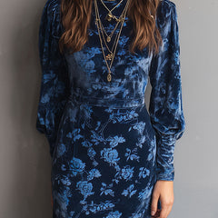 Retro rose-print velvet turtleneck midi dress by Christine Brewer, featuring long sleeves and a fitted silhouette.