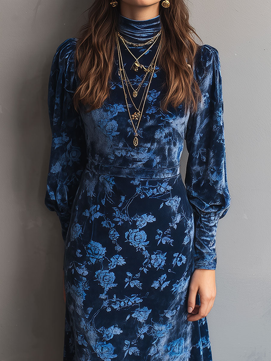 Retro rose-print velvet turtleneck midi dress by Christine Brewer, featuring long sleeves and a fitted silhouette.