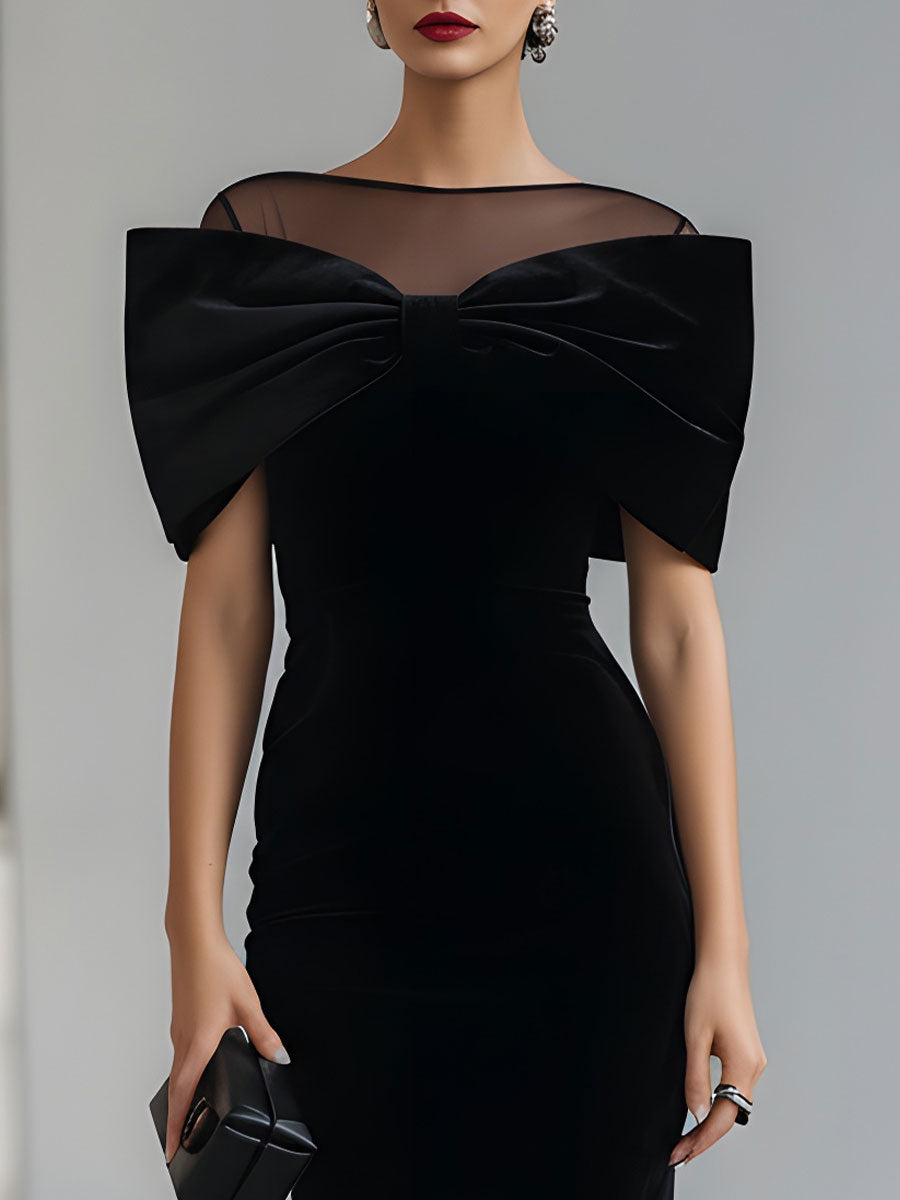 Black velvet bow midi dress for women, by Christine Brewer, featuring a stylish bow detail and elegant midi length.