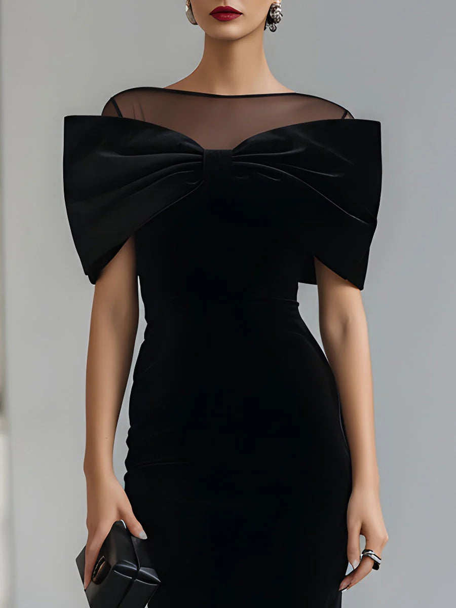Elegant midi dress for women by Christine Brewer, featuring a velvet fabric and a stylish Bardot neckline.