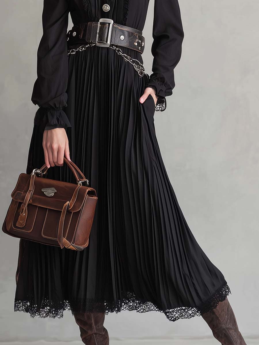 Vintage Christine Brewer lace hem pleated midi dress with button details, showcasing a classic and elegant dress style.