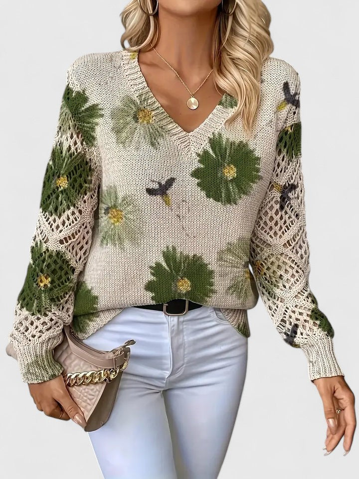 Christine Brewer Whitney floral V-neck cardigan for women, featuring a colorful floral pattern and lightweight knit fabric.