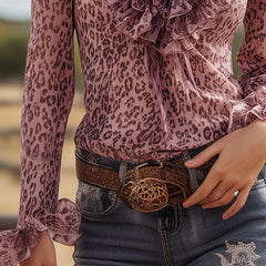 Pink leopard print chiffon blouse with ruffled lace trim and V-neck, stylish top from Christine Brewer's blouse collection.