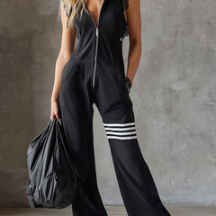 Black striped sleeveless hooded jumpsuit for women, stylish pants by Christine Brewer featuring a relaxed fit and casual design.