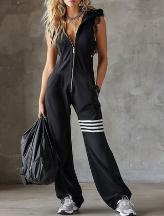 Black striped sleeveless hooded jumpsuit for women, stylish pants by Christine Brewer featuring a relaxed fit and casual design.