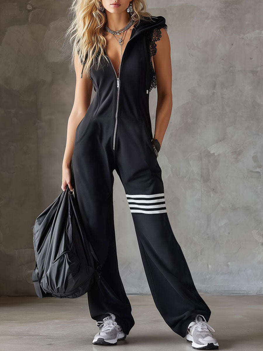 Black striped sleeveless hooded jumpsuit for women, stylish pants by Christine Brewer featuring a relaxed fit and casual design.