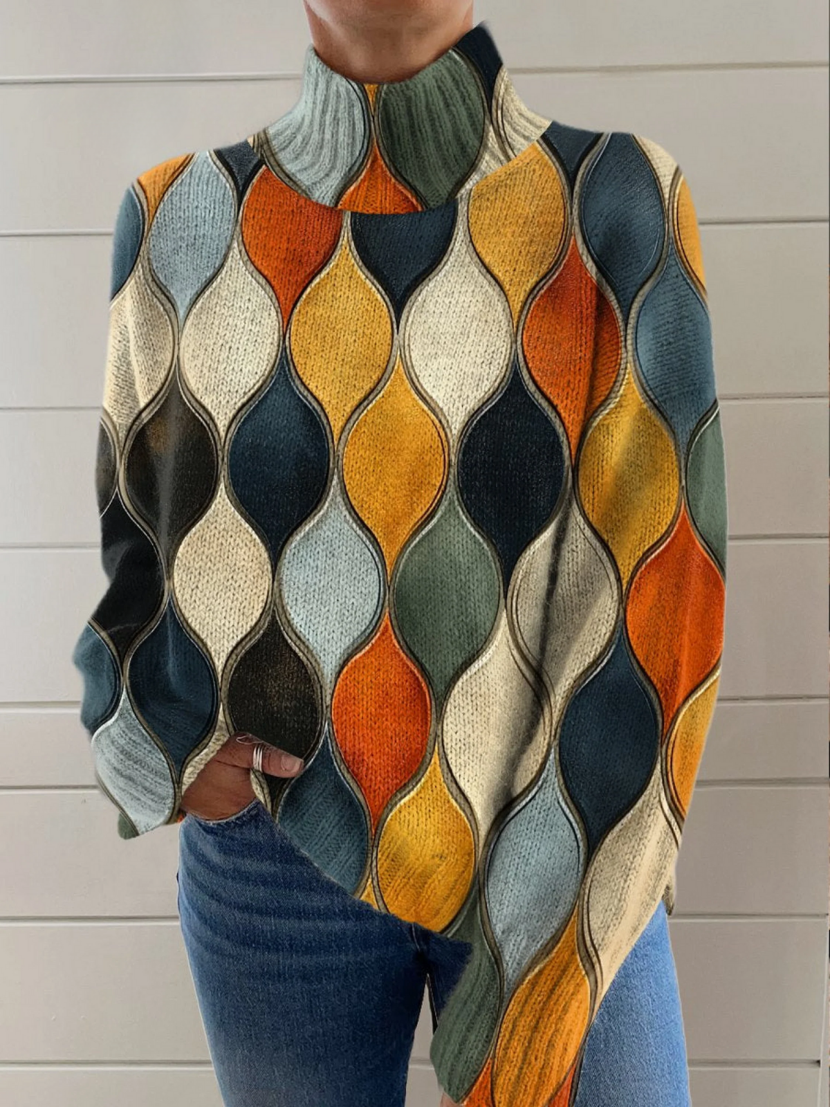 Women’s Audrey graphic sweater by Christine Brewer featuring a stylish design, soft knit fabric, and cozy fit.