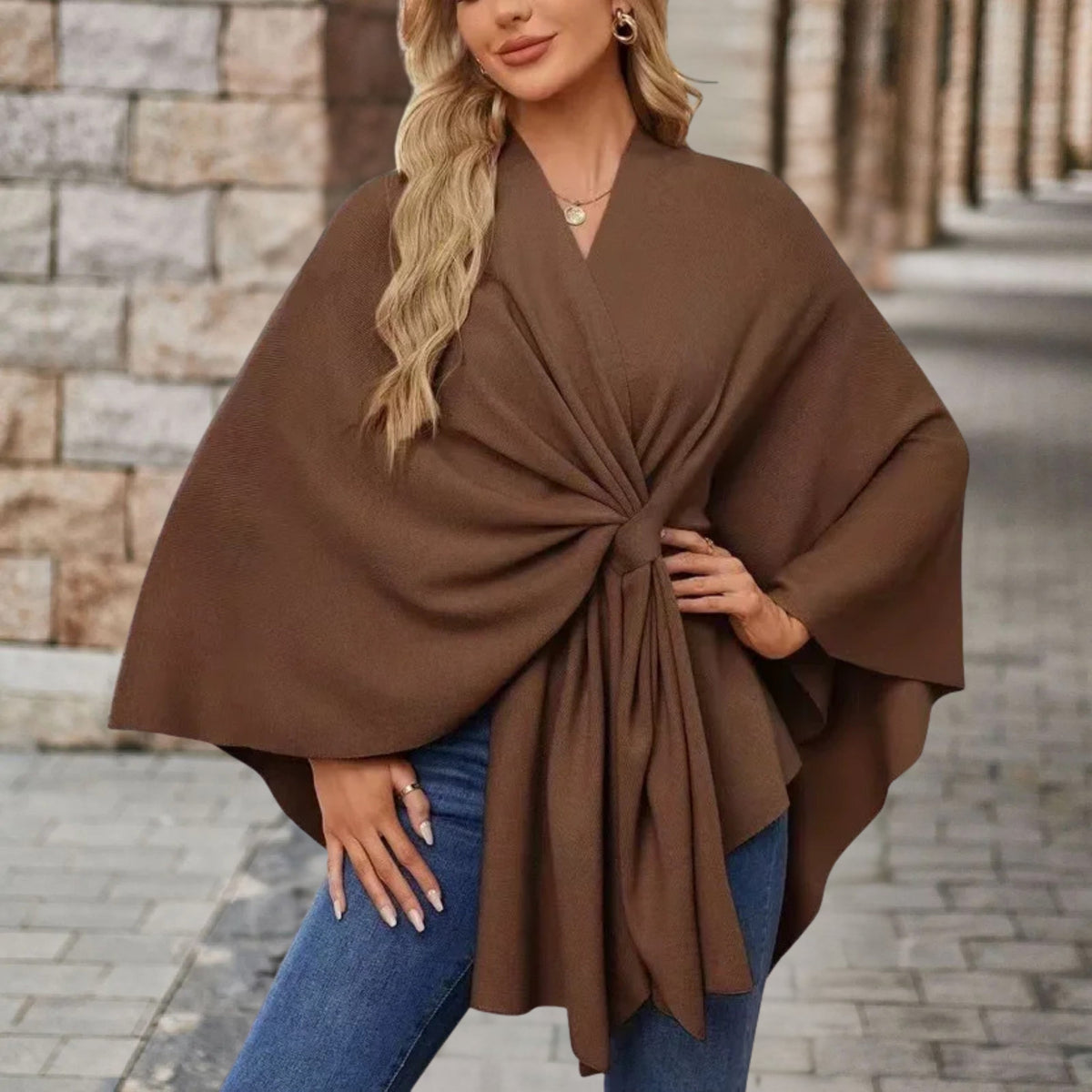 Christine Brewer Cecilia knit poncho for women, stylish top with cozy knit fabric, draped design, and versatile fall fashion.