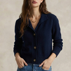 Christina Christine Brewer cashmere high neck women's cardigan, soft beige knit with long sleeves and button closure.