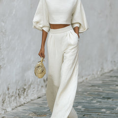 Cream textured lantern sleeve two-piece set with pants for women by Christine Brewer, featuring stylish, comfortable design.