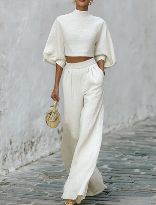 Cream textured lantern sleeve two-piece set with pants for women by Christine Brewer, featuring stylish, comfortable design.