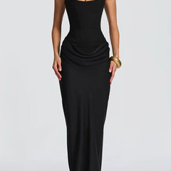 Christine Brewer summer maxi dress for women featuring a square neckline and bodycon fit, displayed on a model.