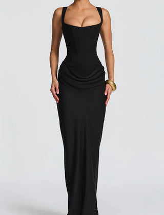 Christine Brewer summer maxi dress for women featuring a square neckline and bodycon fit, displayed on a model.