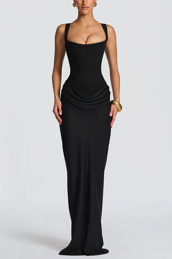 Christine Brewer summer maxi dress for women featuring a square neckline and bodycon fit, displayed on a model.