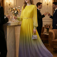 Christine Brewer high waisted maxi dress with long sleeves, belt, contrast color gradient, pleated design, and split joint round neck.