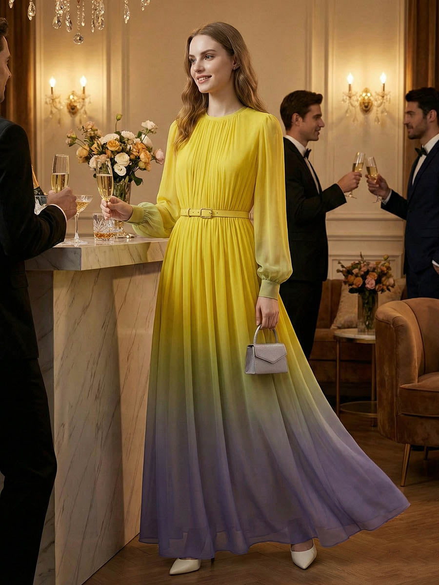 Christine Brewer high waisted maxi dress with long sleeves, belt, contrast color gradient, pleated design, and split joint round neck.