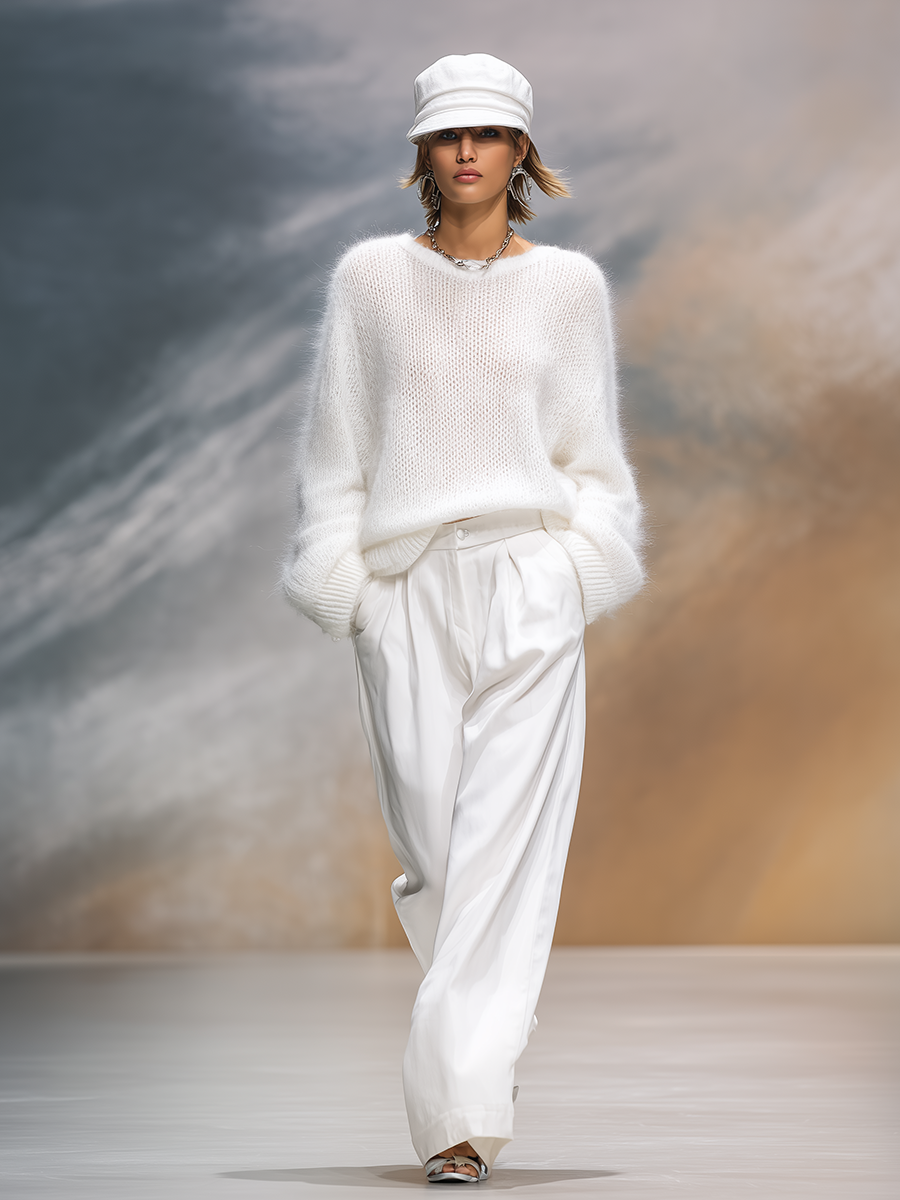 Christine Brewer elegant solid color round neck loose sweater, cozy pullover with a relaxed fit and soft fabric.