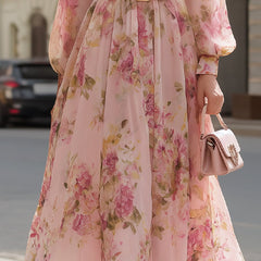 Blush floral chiffon A-line midi dress for women by Christine Brewer, featuring a flowy silhouette and elegant floral pattern.