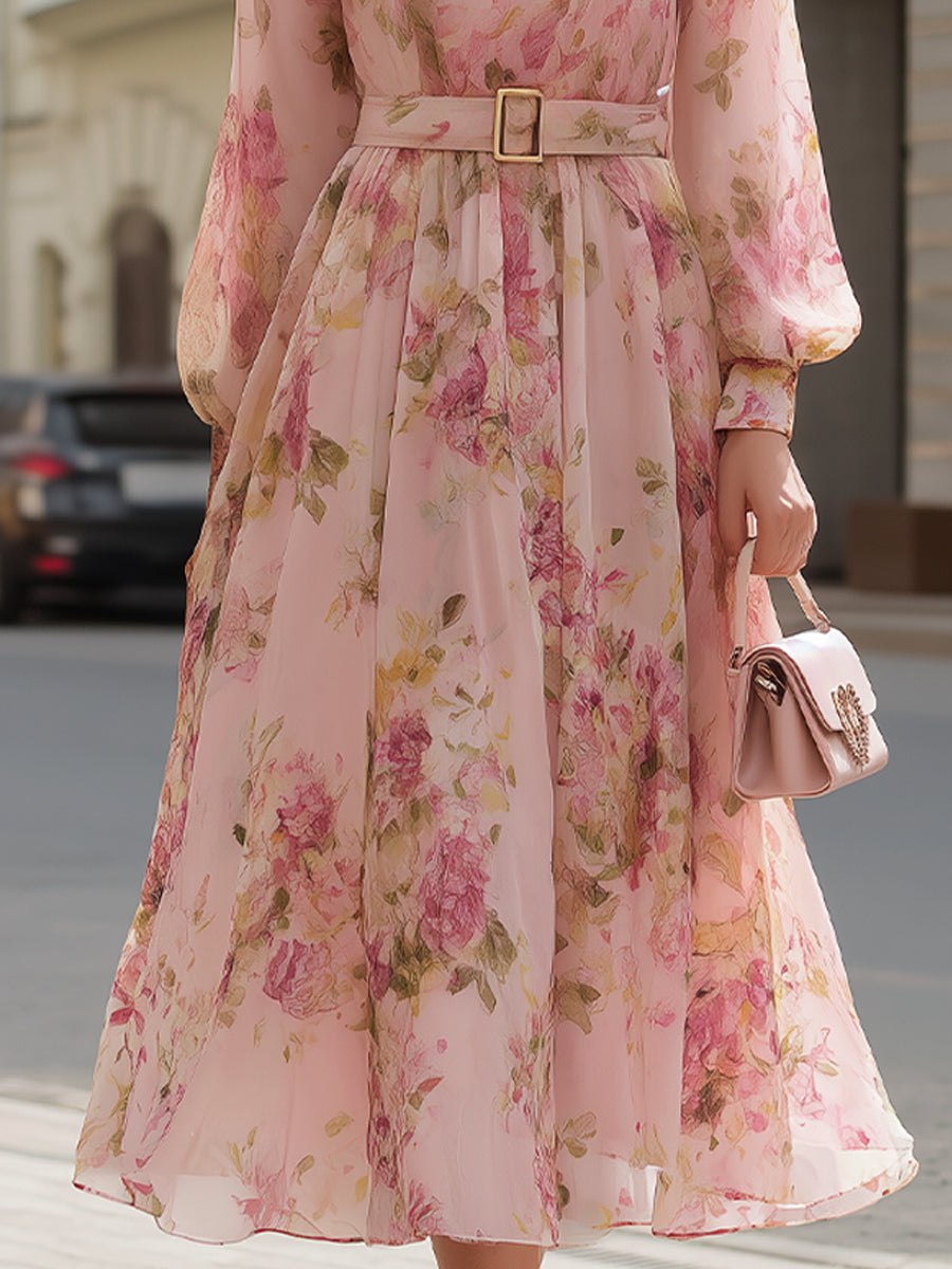 Blush floral chiffon A-line midi dress for women by Christine Brewer, featuring a flowy silhouette and elegant floral pattern.