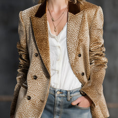 Khaki leopard print colour-block velvet blazer by Christine Brewer, shown hanging with front view and tailored fit details.