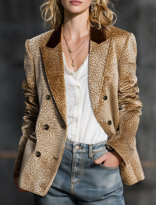 Khaki leopard print colour-block velvet blazer by Christine Brewer, shown hanging with front view and tailored fit details.