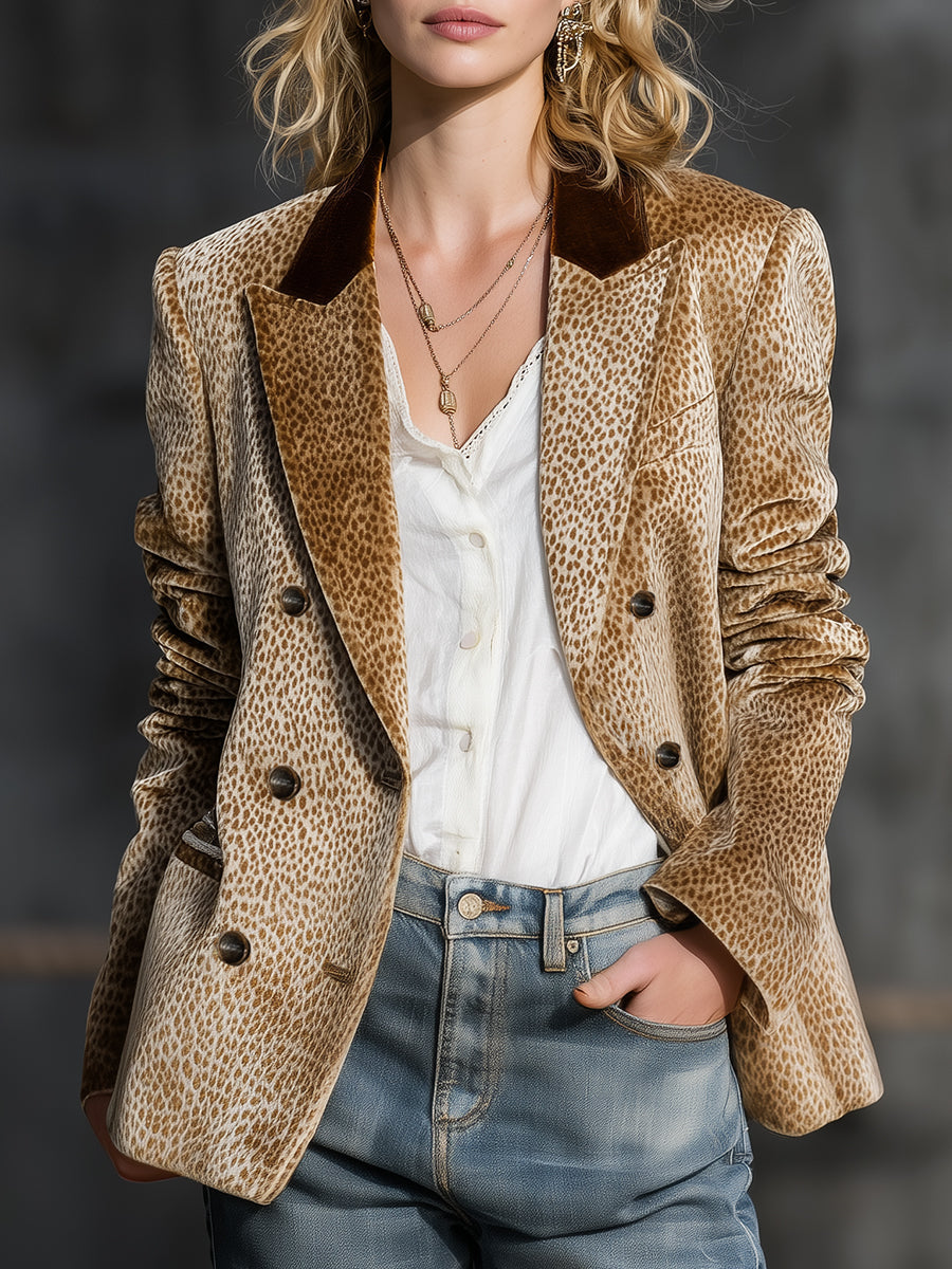 Khaki leopard print colour-block velvet blazer by Christine Brewer, shown hanging with front view and tailored fit details.
